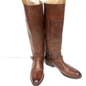 - Frye brown knee high equestrian style pull on leather boots Sz 8